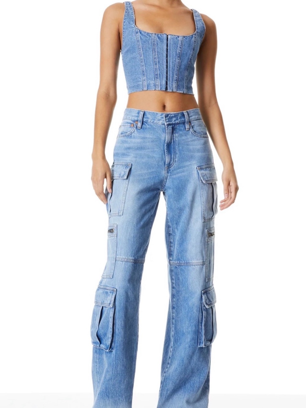 Alice + Olivia Light Blue Denim Wide-Leg Cargo Jeans